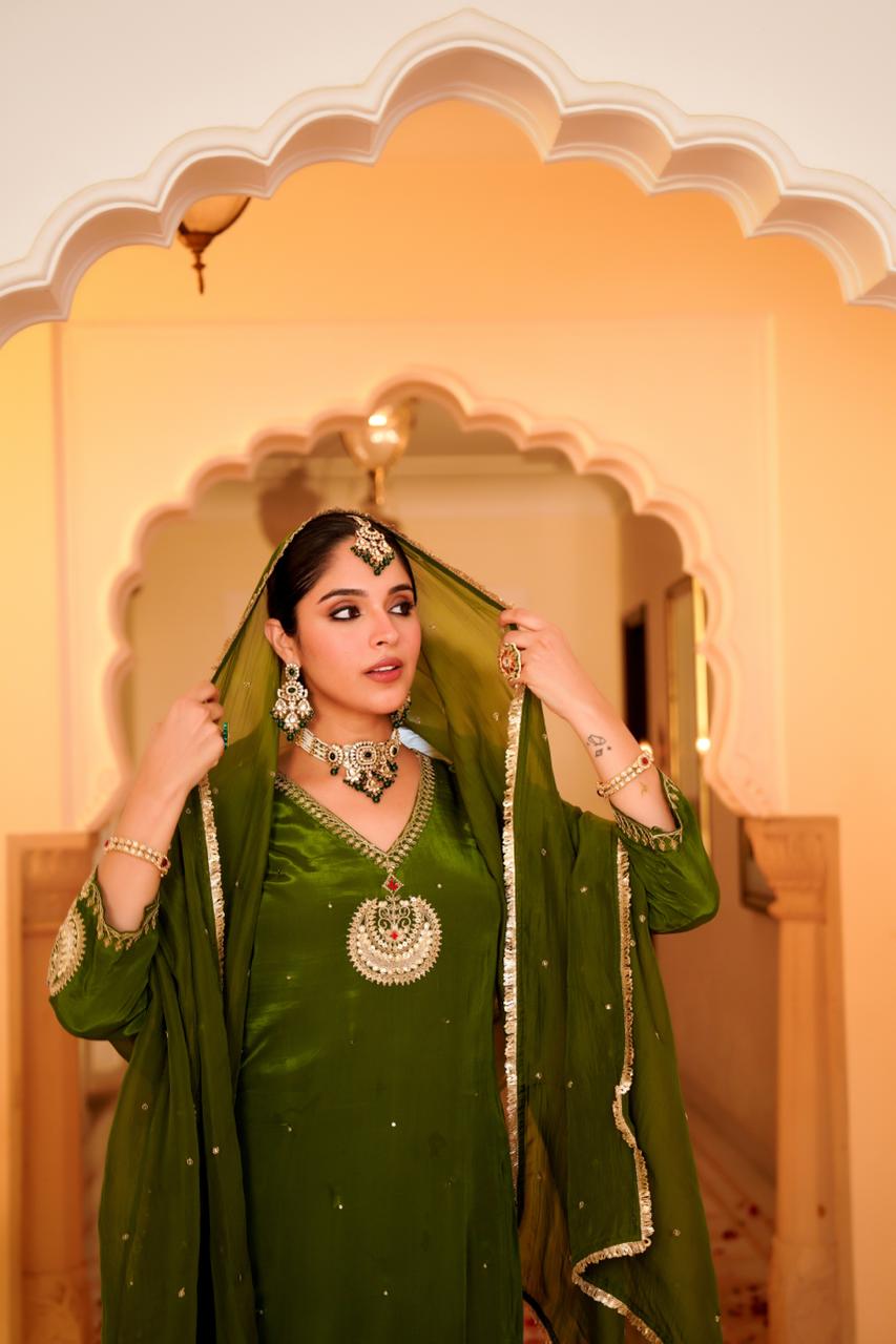 Green pure crape silk with lining designer three piece set (A1089)