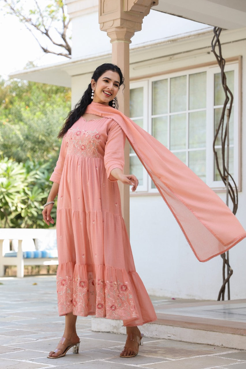 Peach pure mul cotton with full thread embroidery one piece gown with dupatta (P2007)