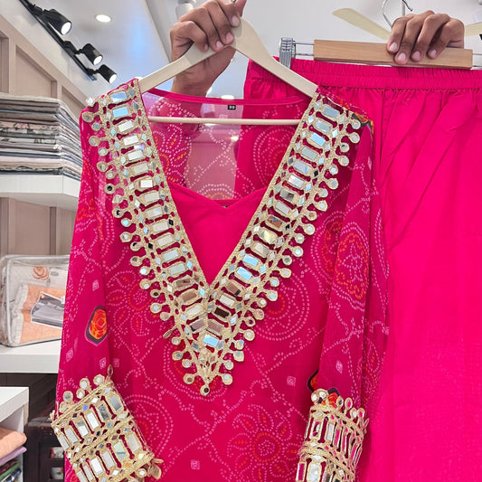 Chiffon bandhani bustier co-ord set with real mirror work and cotton pant (S220)