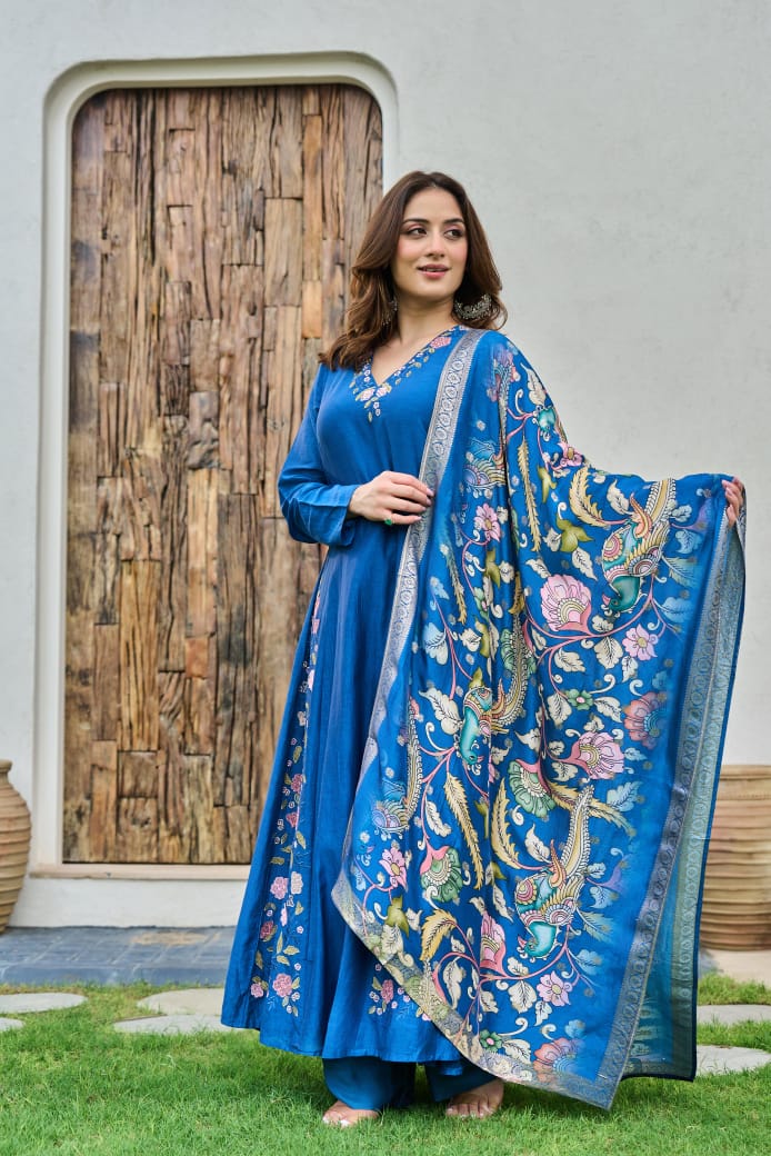 Royal blue mul chanderi fully thread work with kalamkari dupatta three piece set (A528)