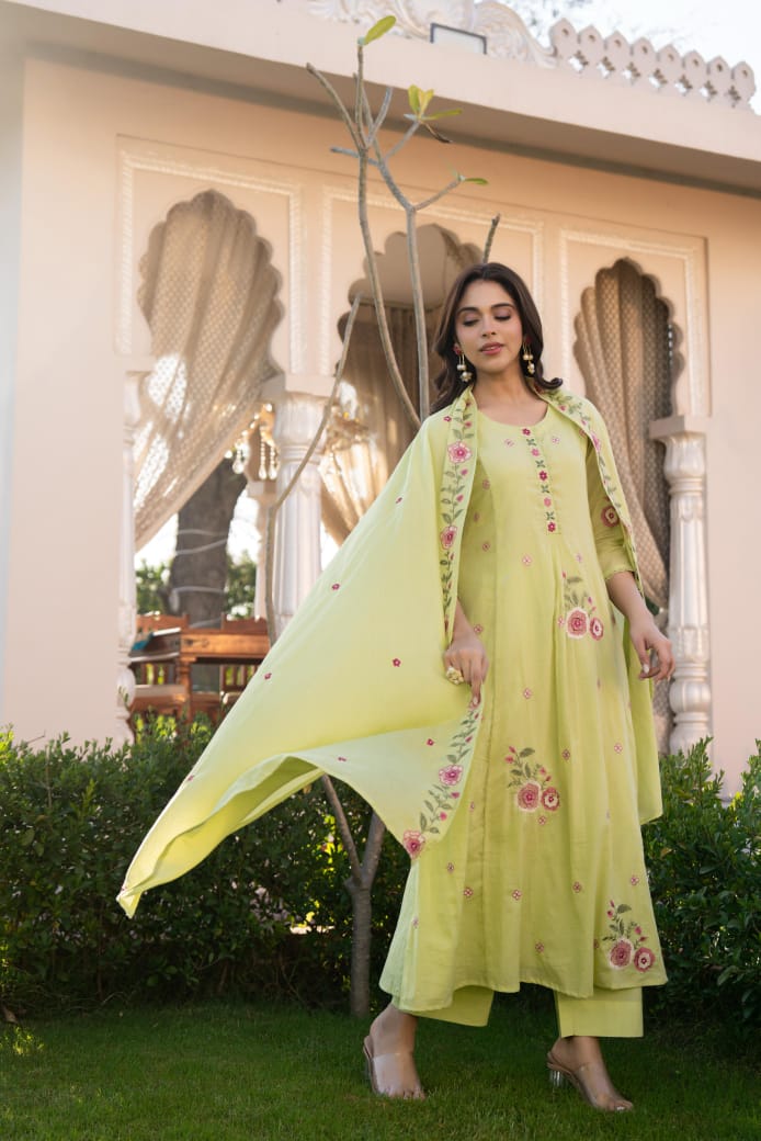 Green cotton with thread embroidery three piece set (P2073)