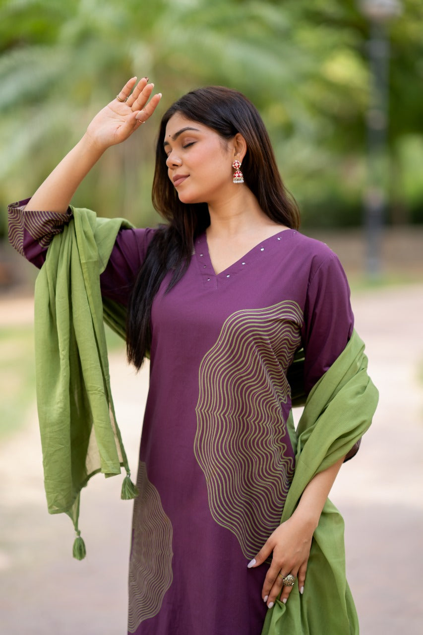 Brinjal with green pure cotton three piece set (A394)