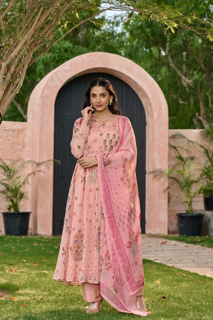 Pink oraganza with banarasi buti designer three piece set (A409)