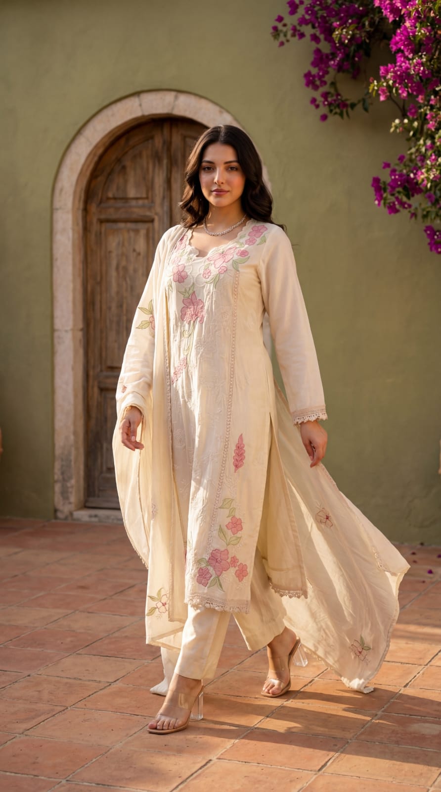 Pure mul chanderi with full thread work mul cotton lining three piece set (B171)