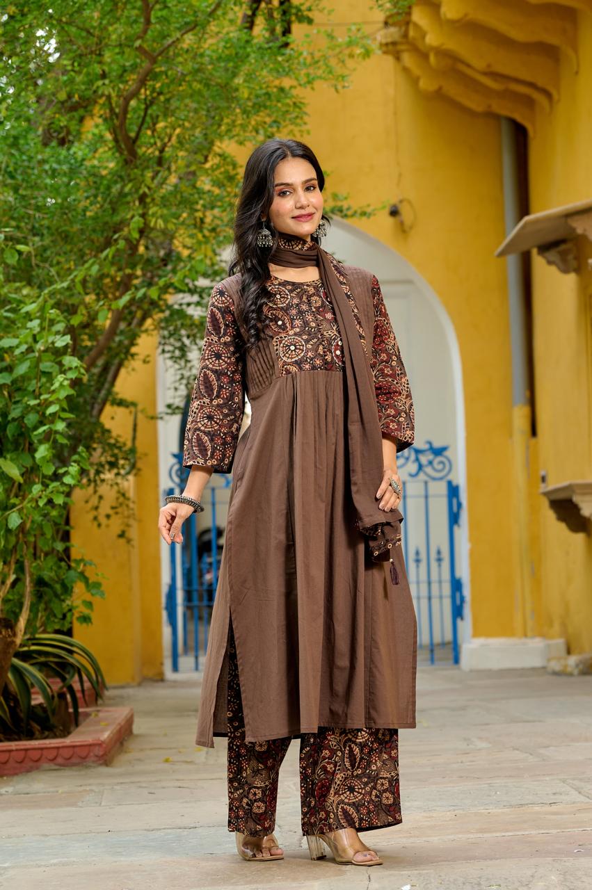 Brown pure cotton kalamkari three piece set (A397)