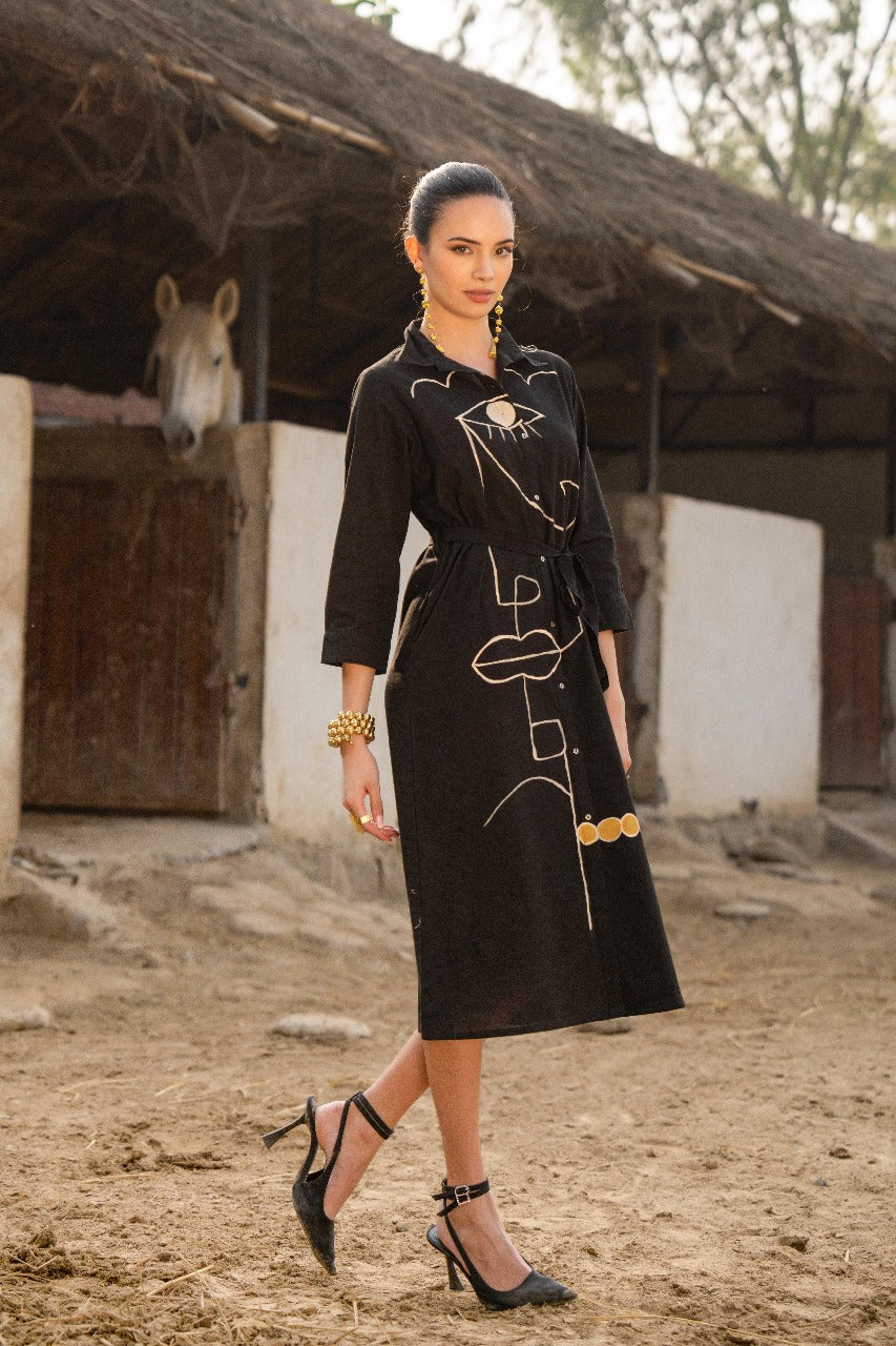 Black pure cotton smart one piece dress (P2100)