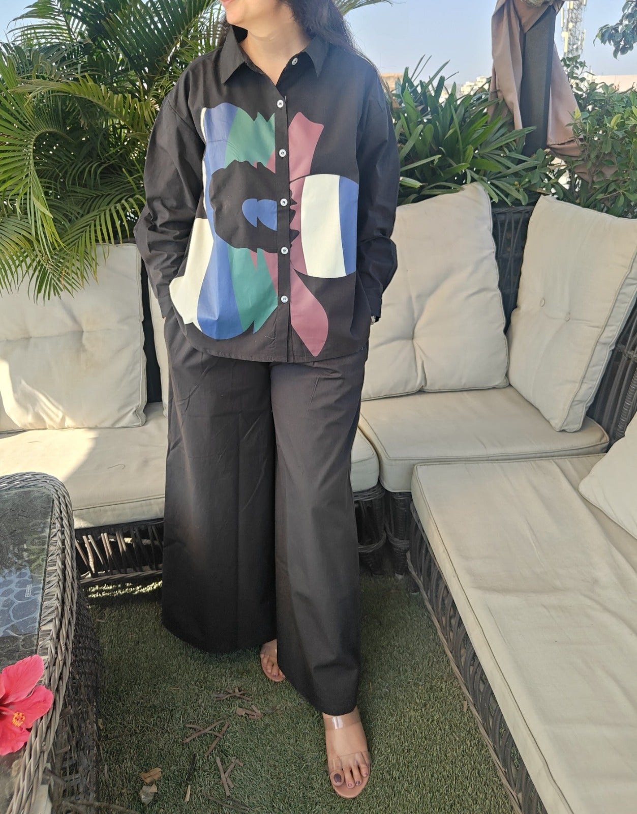 Black cotton silk full paint work two piece cordset (P2039)
