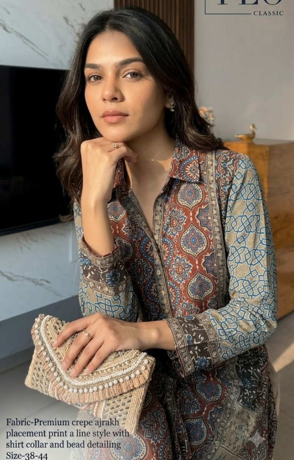 Natural crape Ajrakh print smart two piece cordset (S283)