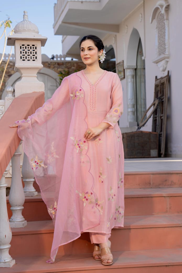 Pink mul chanderi with full thread work three piece set (P2033)