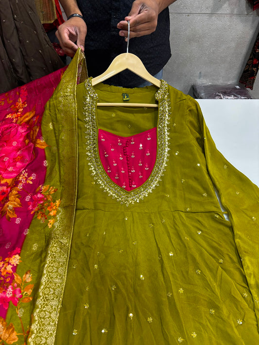 Pure chinnon flared anarkali three piece set (C474)