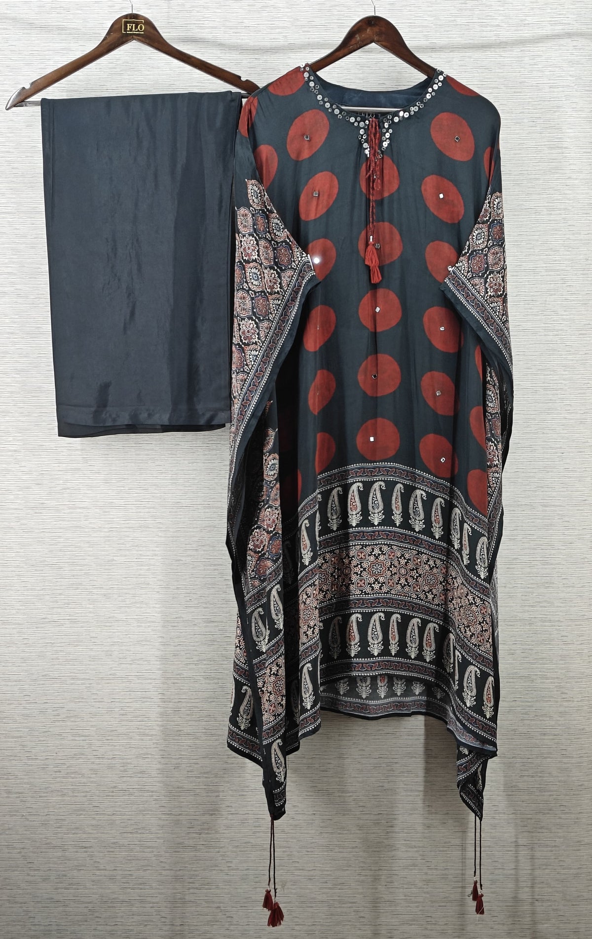 Pure crape Ajrakh print smart two piece kaftan set upto 46 sizs (C706)