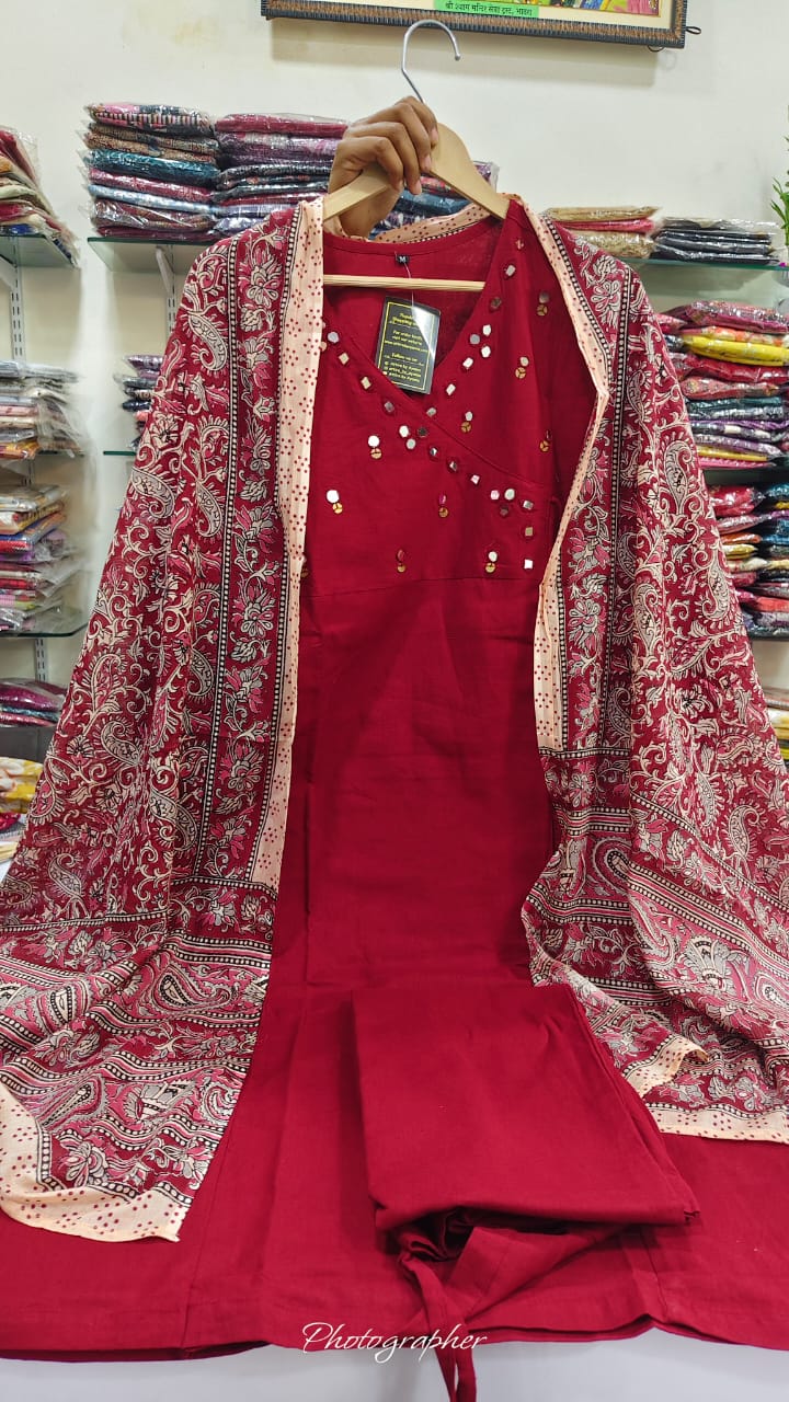 Red pure cotton with kalamkari dupatta three piece set (A1124)