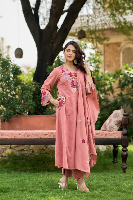 Cotton shifali A line with fully embroidered mul lining three piece set (S118)