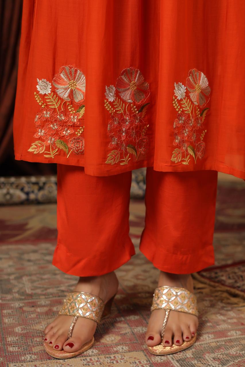 Orange mul chanderi with thread work three piece set (P2013)