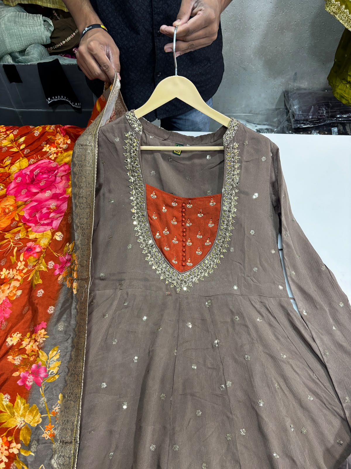 Pure chinnon flared anarkali three piece set (C475)