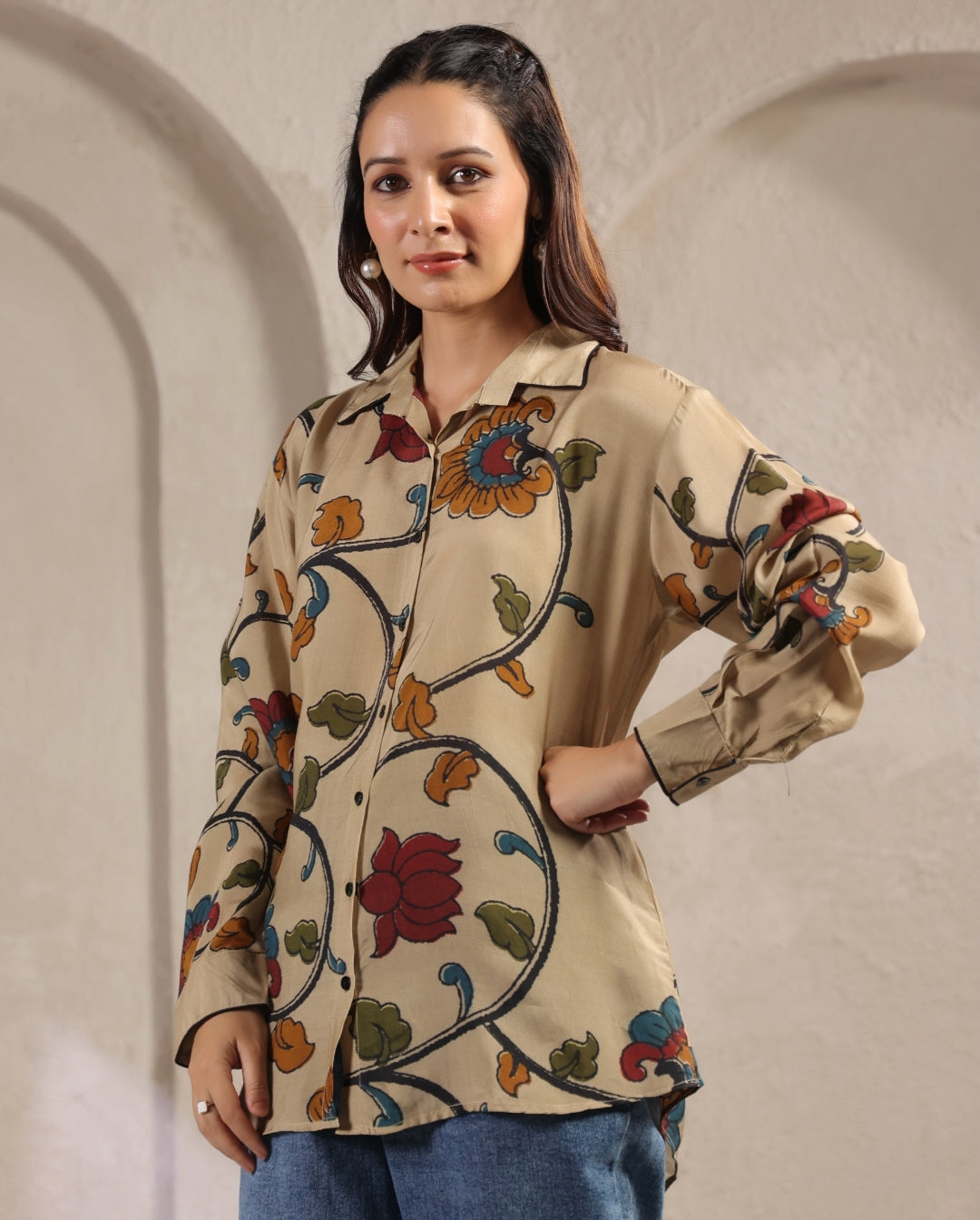 Ivory kalamkari shirt low high pattern (A961)