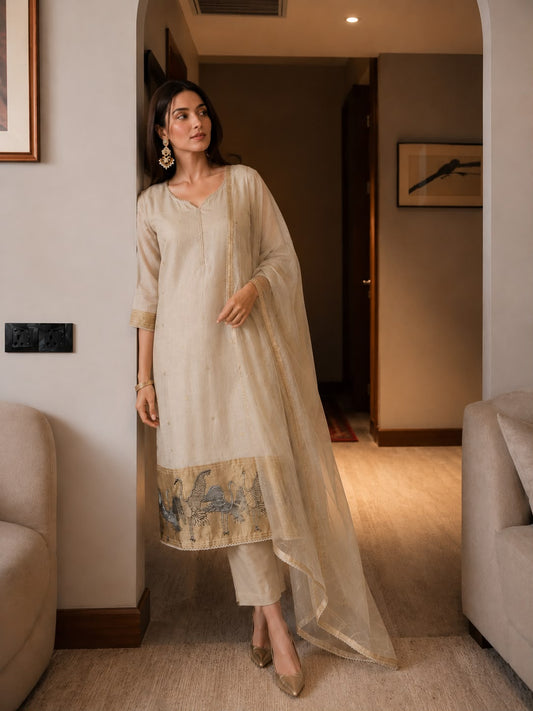 Pure mul chanderi with lining and full chanderi dupatta three piece set (S214)