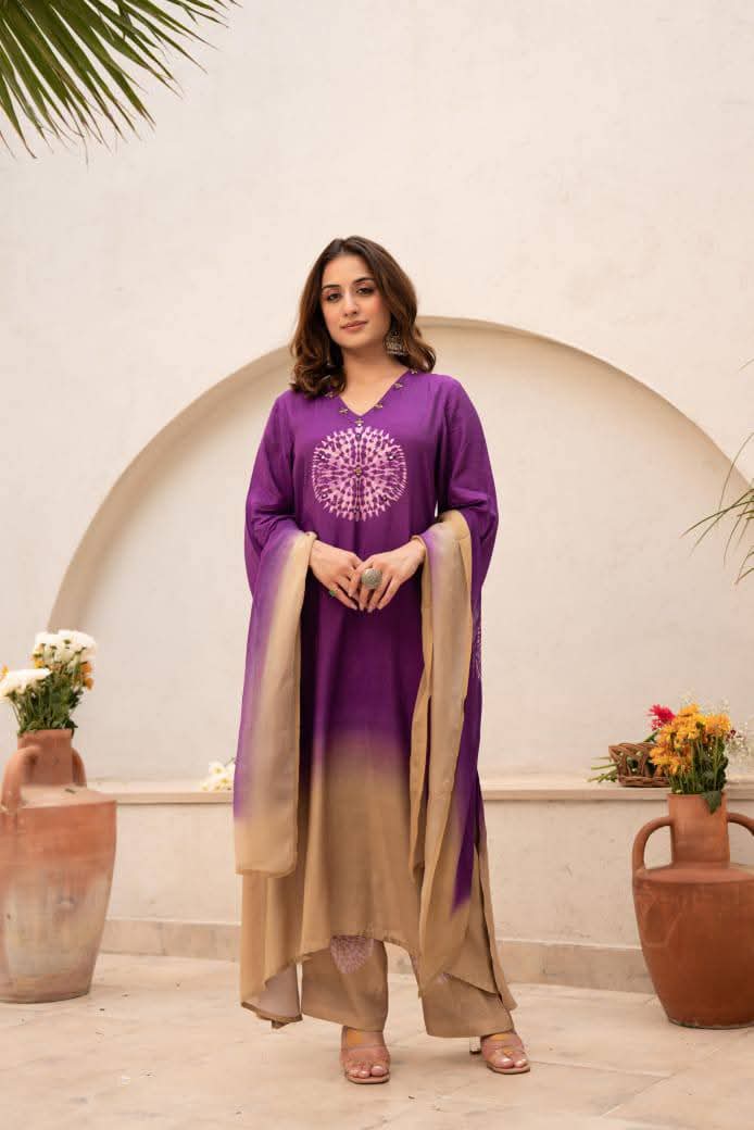 Purple Pure mul silk shaded suit with real mirror work (A426)
