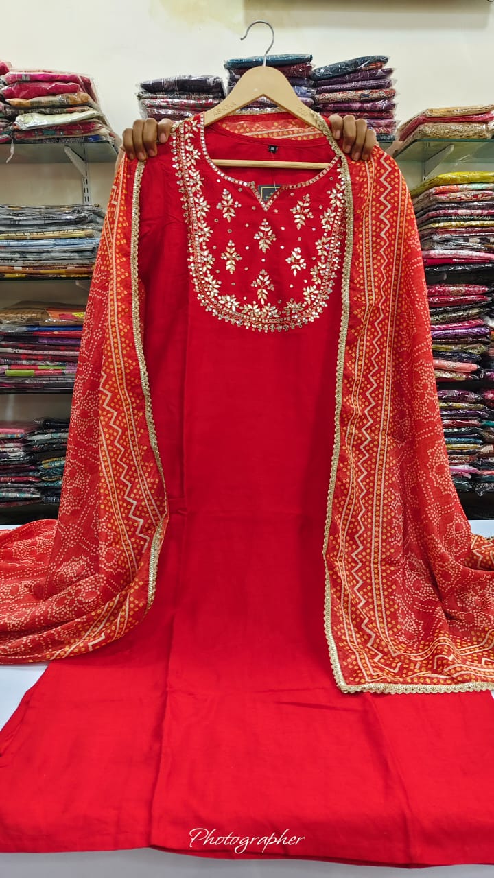 Red pure muslin bandani print three piece set (A843)