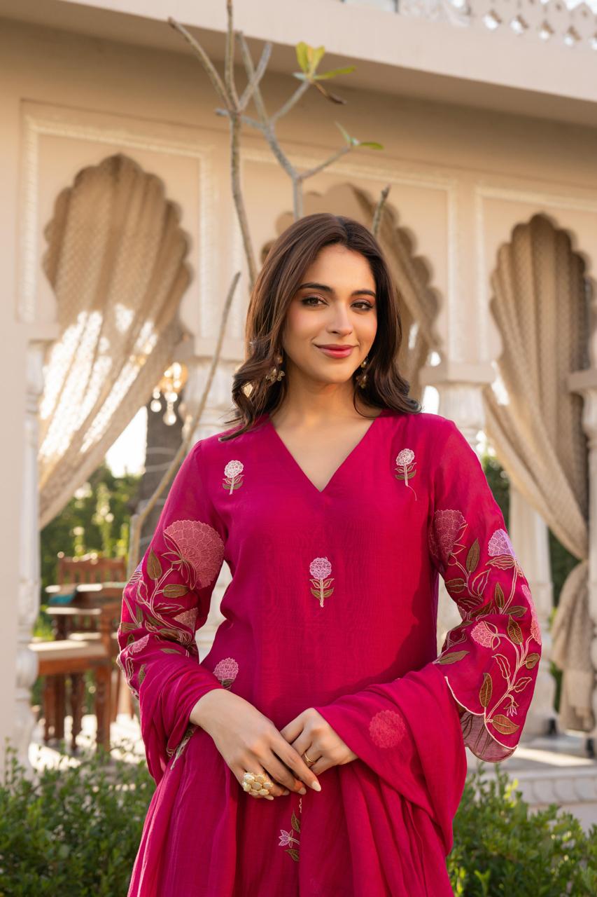 Wine pure mul chanderi with mul lining full thread work pakistani sleeves three piece set (P2164)