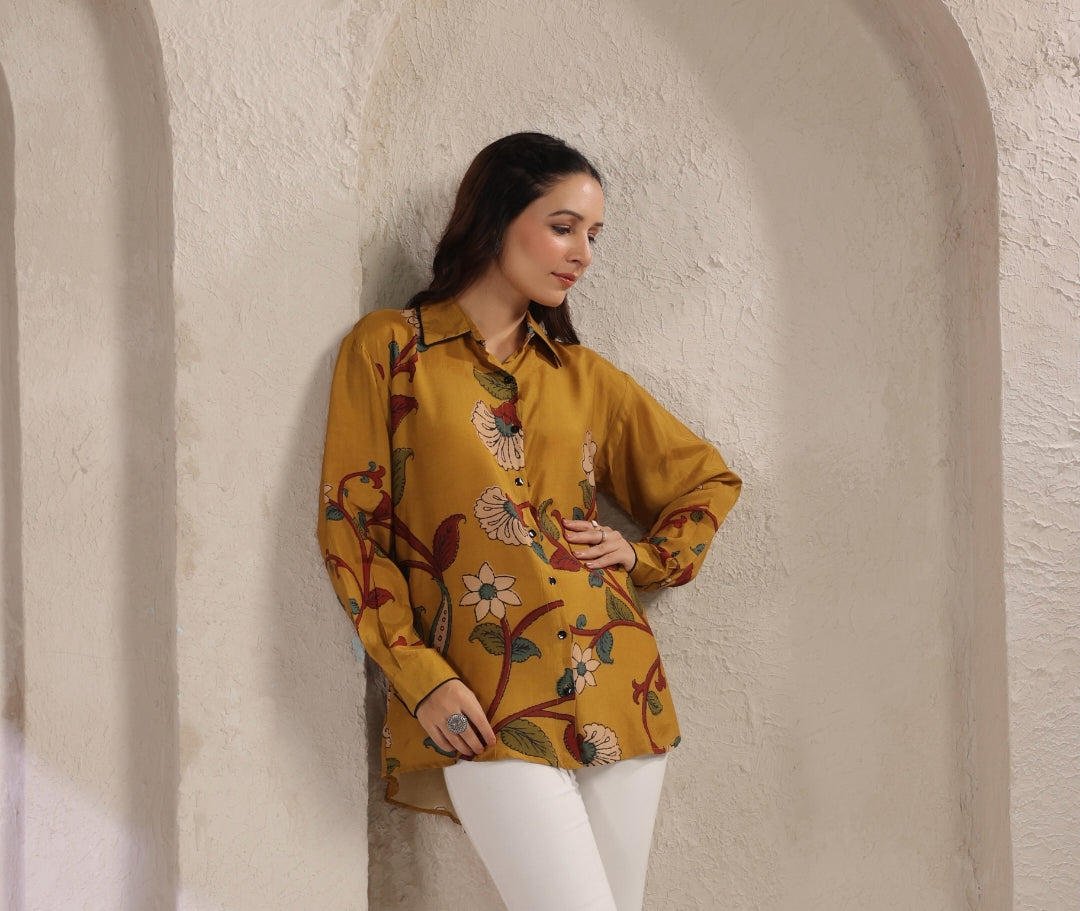 Mustred kalamkari shirt low high pattern (A960)