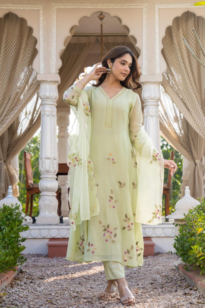 Light green mul chanderi with full thread work three piece set (P2034)