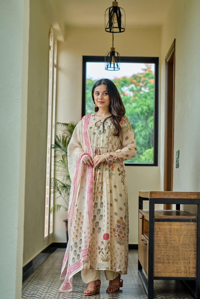 Off white oraganza with banarasi buti designer three piece set (A408)