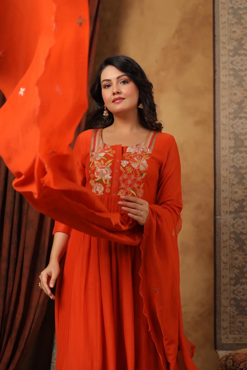 Orange mul chanderi with thread work three piece set (P2013)