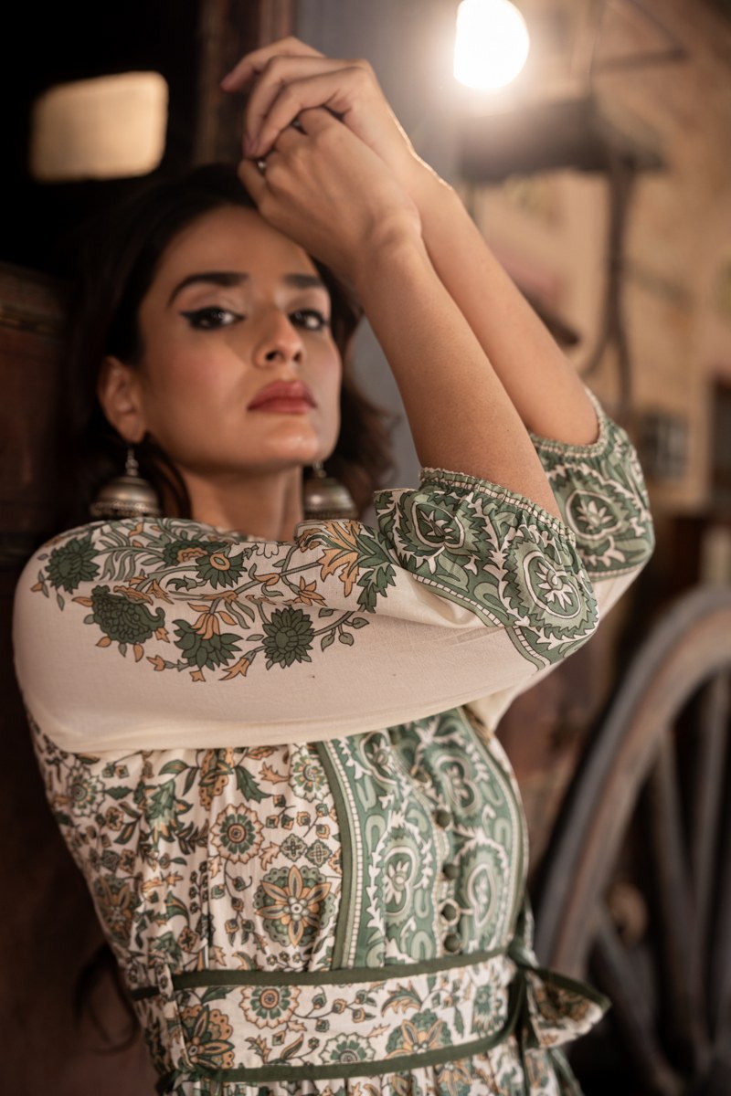Sea green block print pure cotton with lining one piece dress