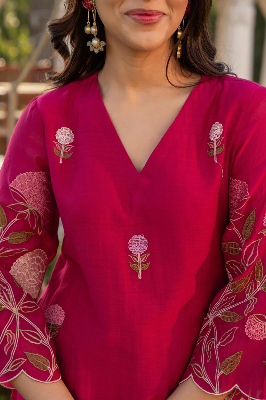 Wine pure mul chanderi with mul lining full thread work pakistani sleeves three piece set (P2164)