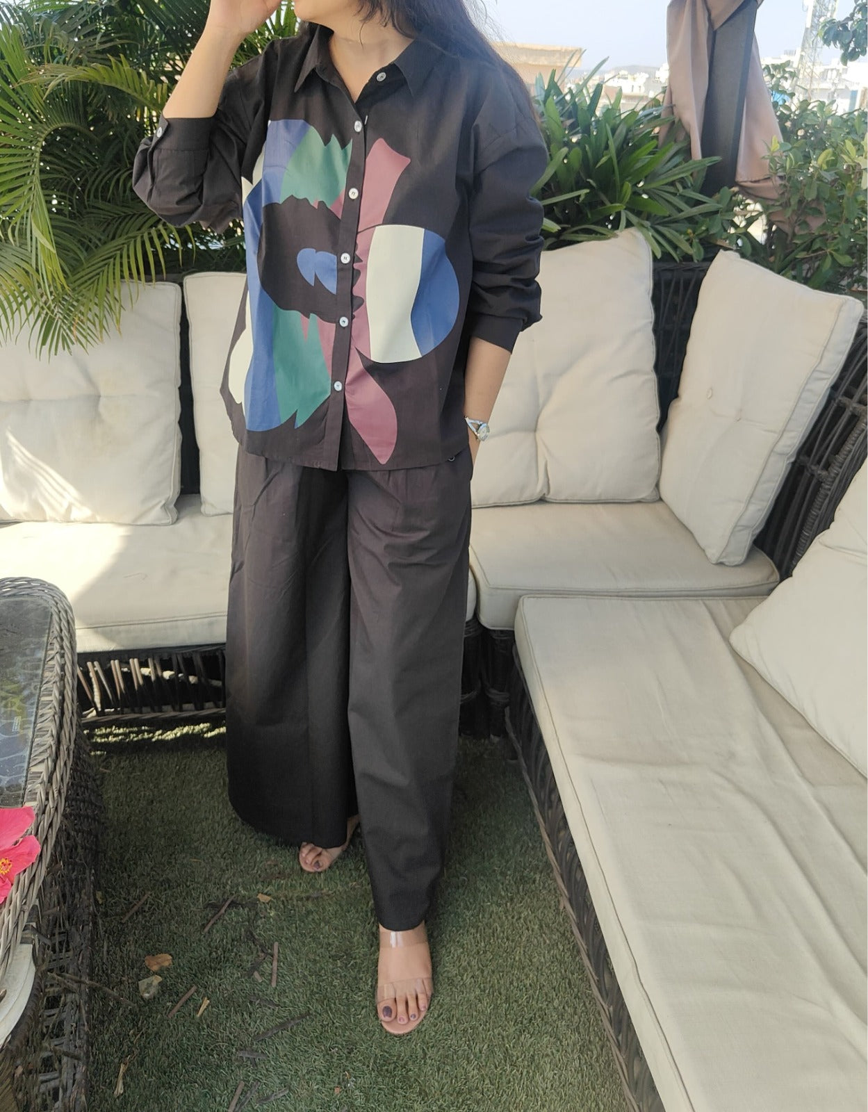 Black cotton silk full paint work two piece cordset (P2039)