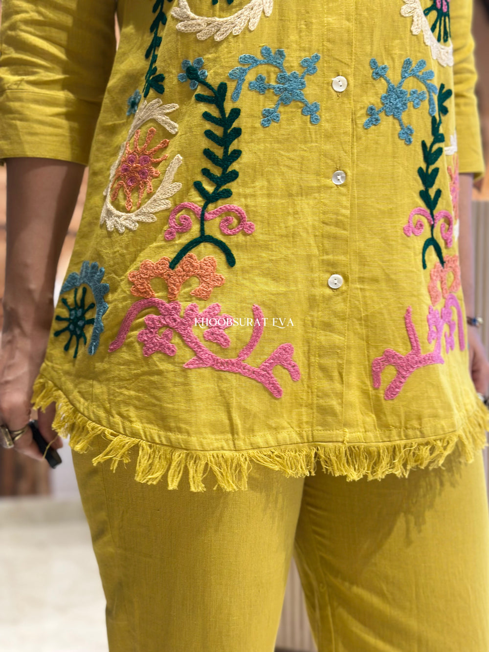 Musterd yellow full thread work two piece cordset (A673)