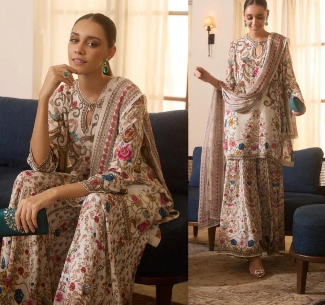 Pure crape with lining sharara set three piece (B120)