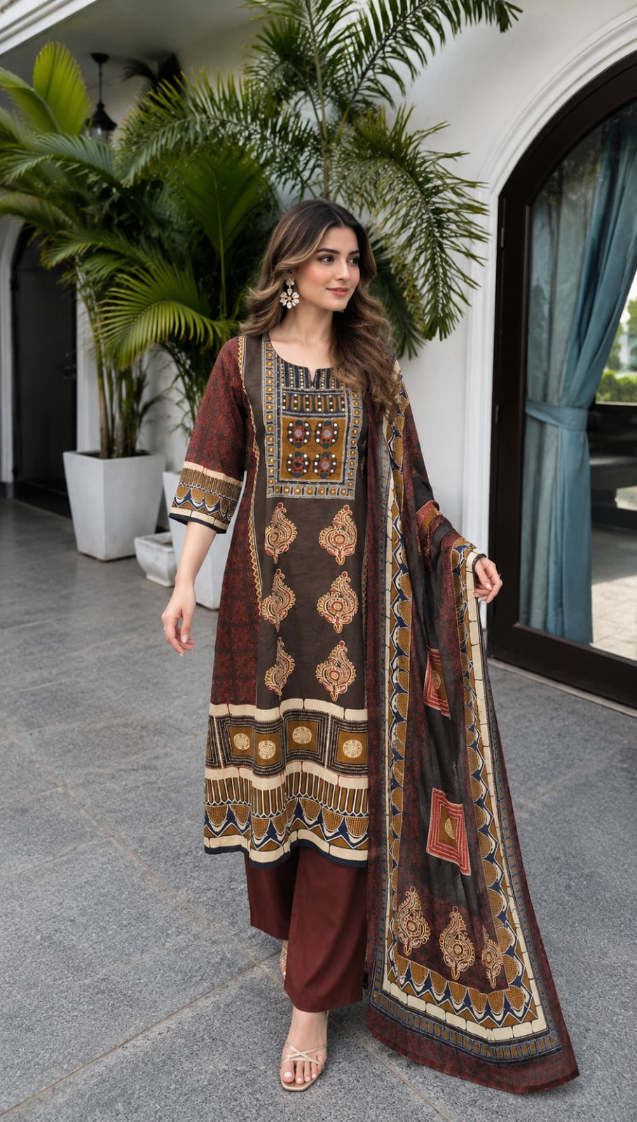 Pure cotton Ajrakh print A line with real mirror work three piece set (S354)