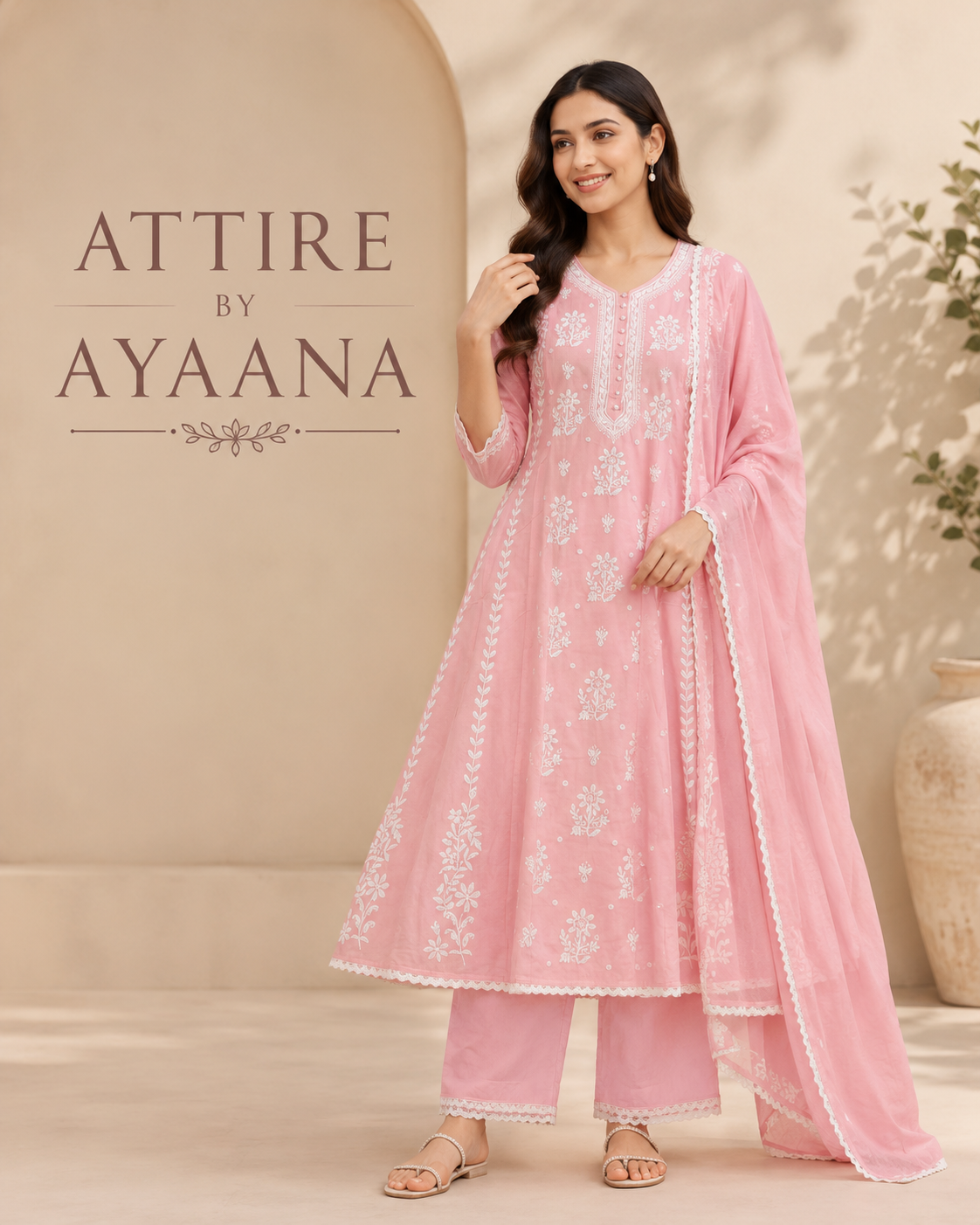 Baby pink A line cotton with full chikankari three piece set (B1008)