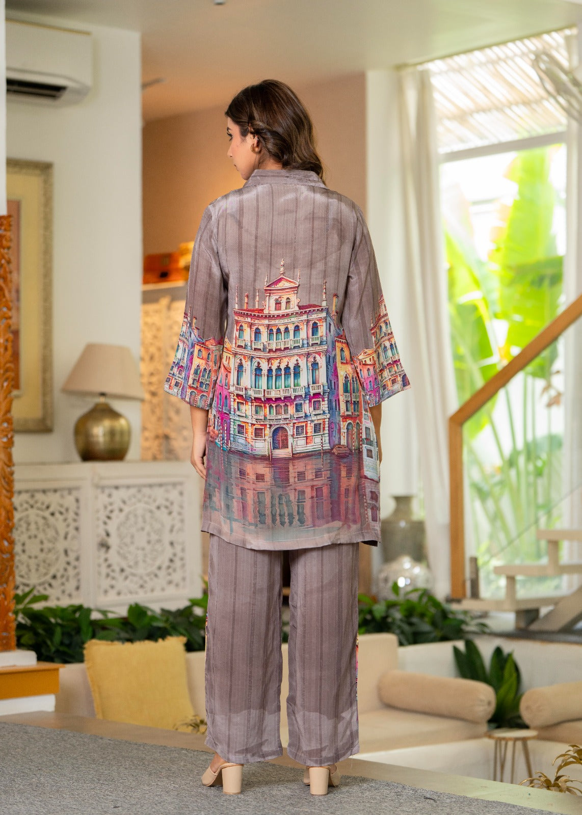 Grey digital print pure crape two piece cordset (A703)