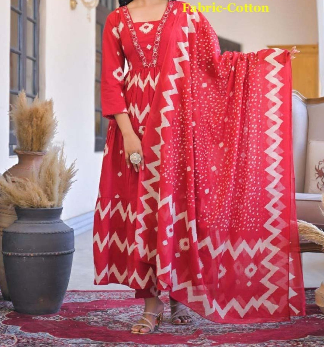 Bright red pure cotton full flared anarkali (P1949)