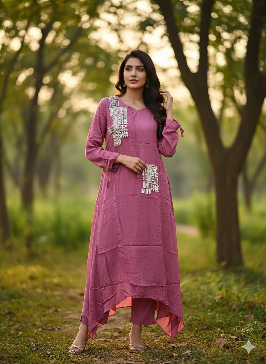 Onion pink pure chinnon with mul lining stylish two piece cordset (A1170)