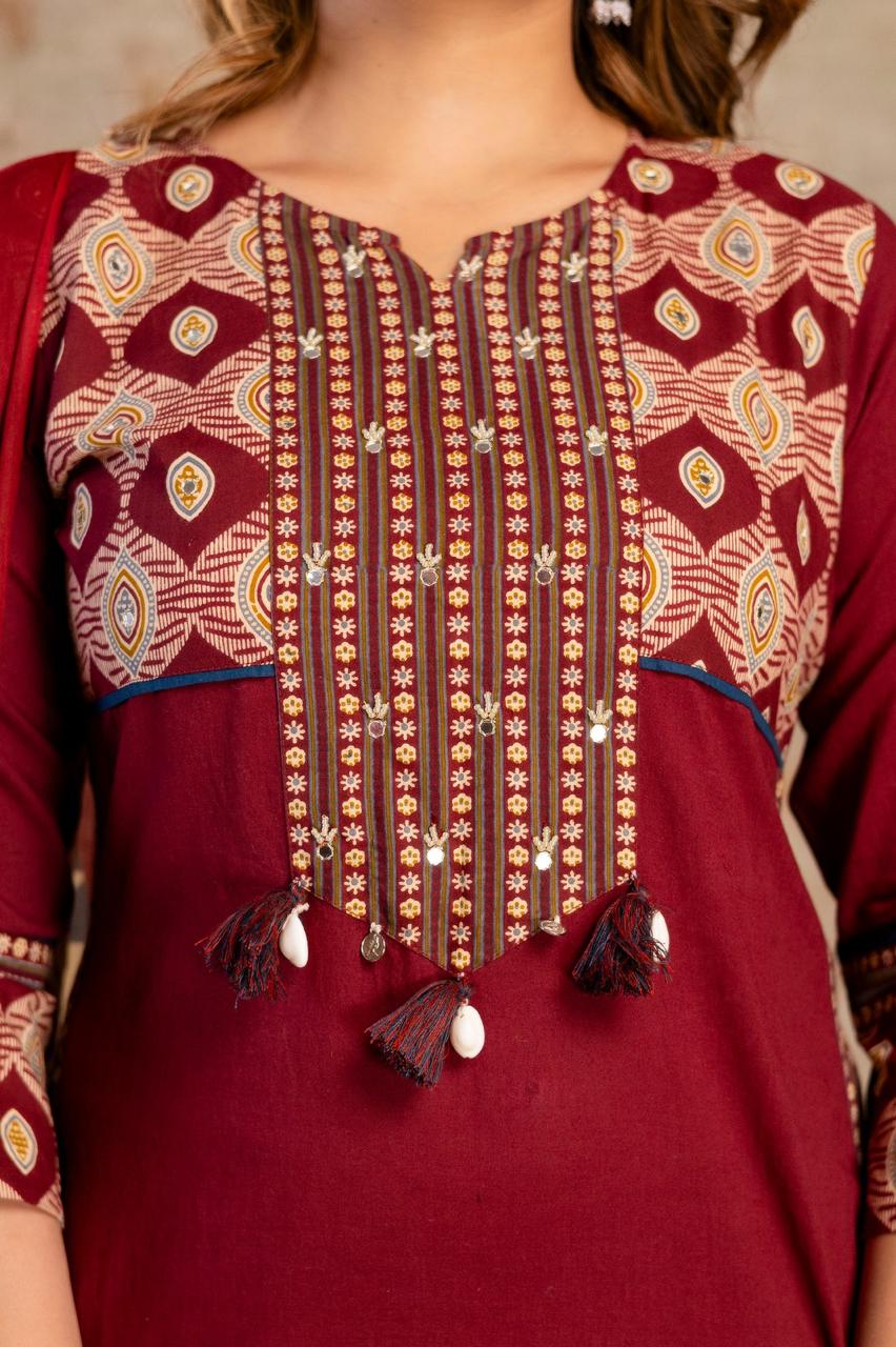 Mahroon pure cotton three piece set (P2074)