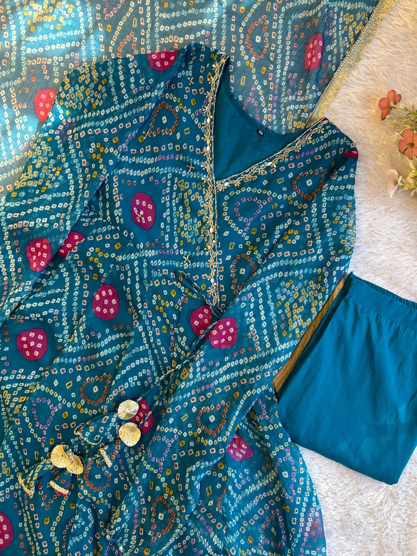 Pure chiffon bandani print designer three piece anarkali (A1258)