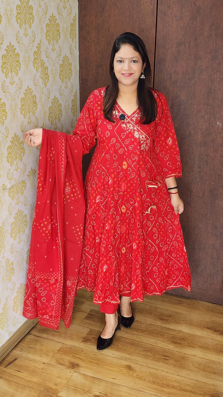 Red pure cotton Angrakha pattern three piece set (A1080)
