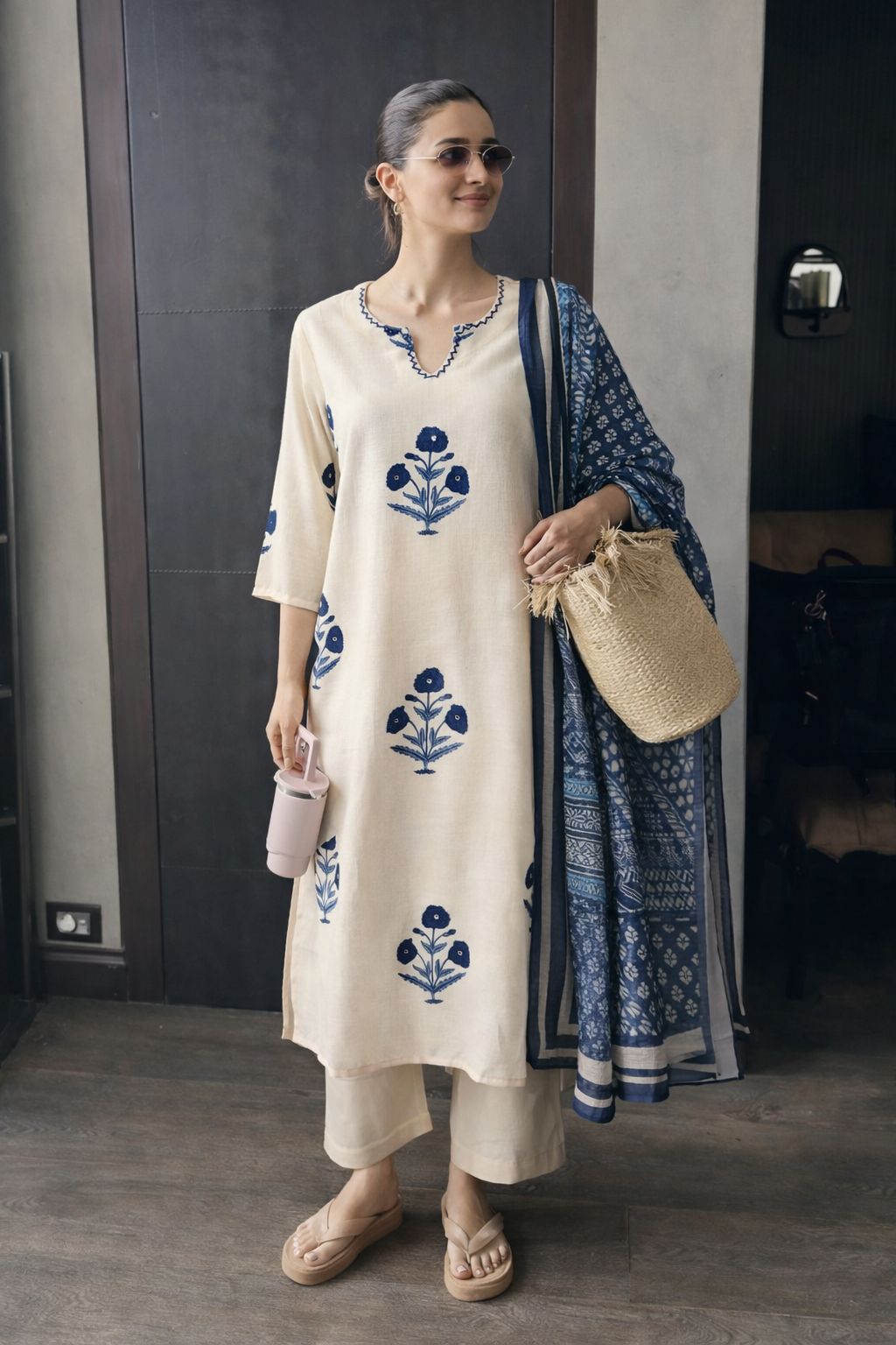 Cotton linen with mugal butta paired with indigo dupatta three piece set (B895)