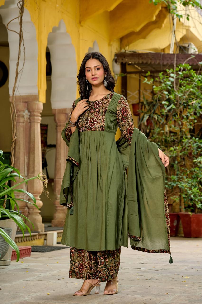 Olive green pure cotton kalamkari three piece set (A398)