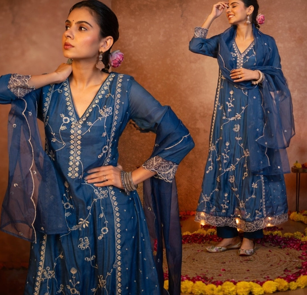 Silk fully embroidered with organza dupatta designer three piece set (A1254)