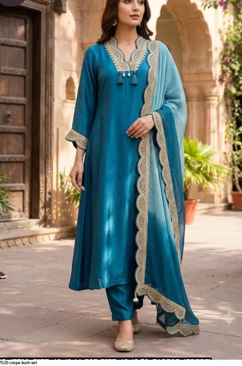 Pure crape with zari detailing A line pattern three piece set (Slim fit with margins) (S377)