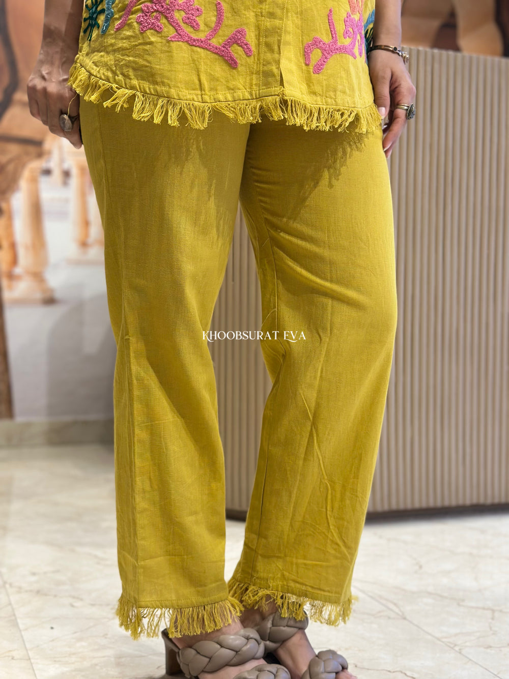 Musterd yellow full thread work two piece cordset (A673)