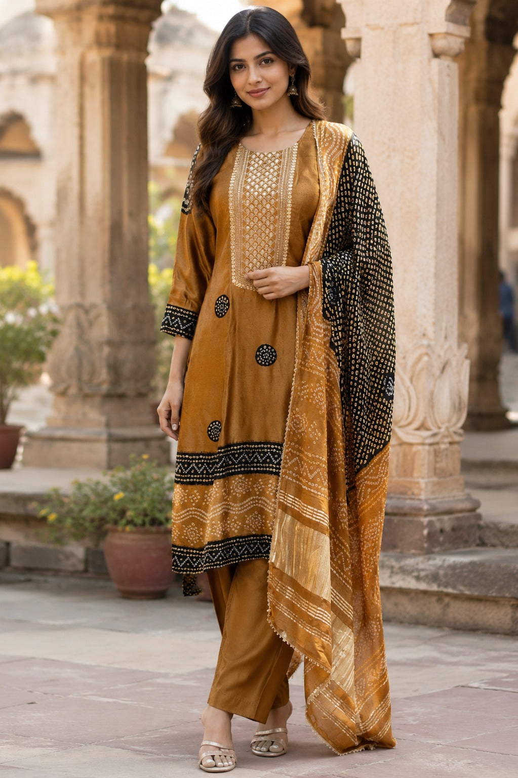 Pure gaji silk with lining full lagdi border three piece set (S348)