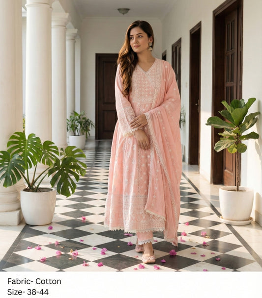 Pure cotton flared full chickanari anarkali three piece set (A1836)