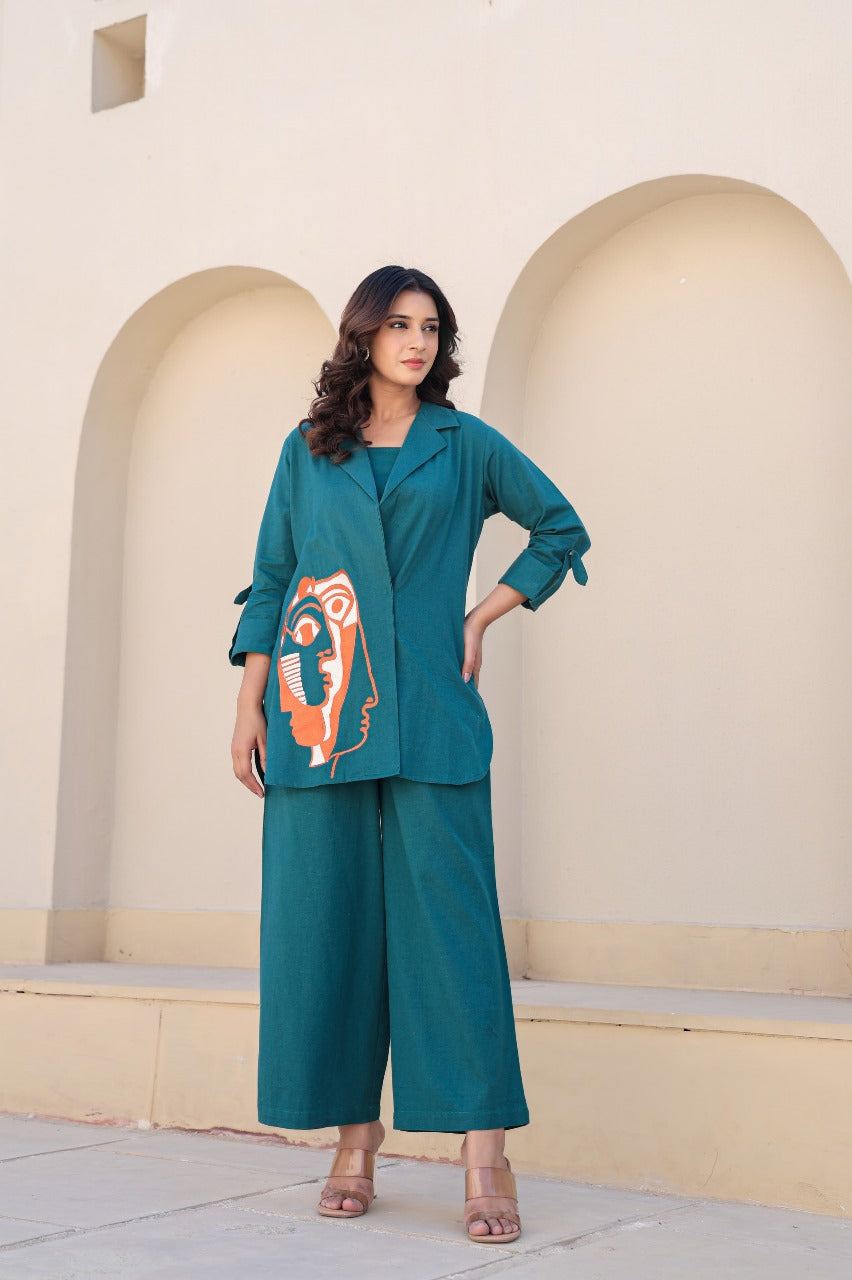 Rama blue designer pure linen three piece cordset (P2091)