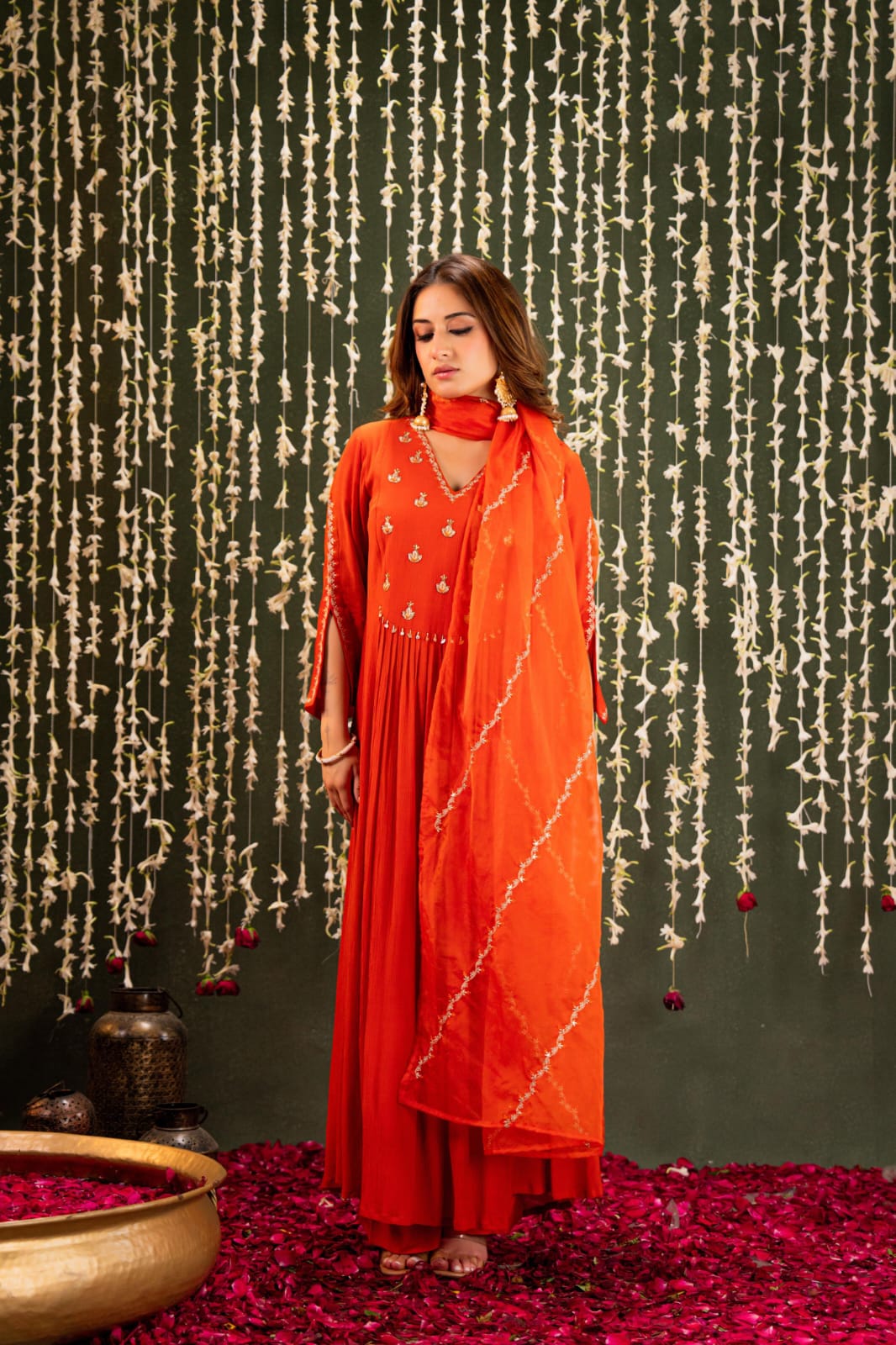 Orange crush mul chanderi with oraganza dupatta three piece set (A832)